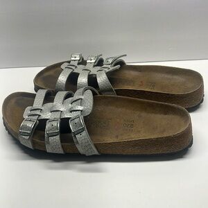 Birkis by Birkenstock strappy sandals soft foot bed silver gray size 42
